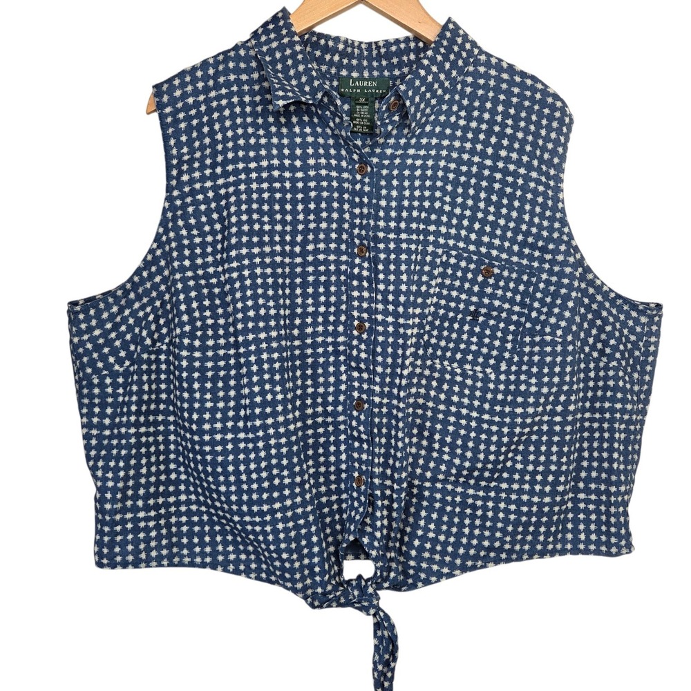Lauren Ralph Lauren Womens Y2K Blue Linen Top Tie Front SZ 3X Coastal Cowgirl‎